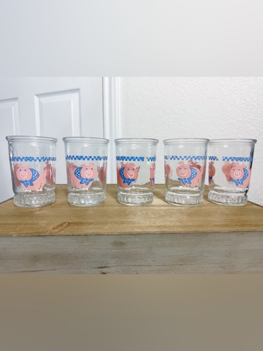 Lot of 5 Clear Glass Vintage Tumblers with Pink Pig and Blue Scarf Design